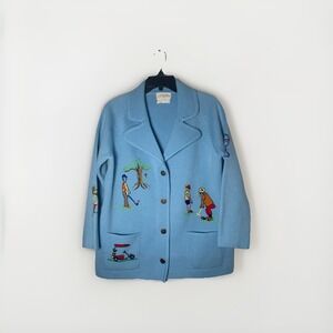 Vtg Andreno Argenti Cardigan Size Large Blue Golf Sweater Preppy Grandma Novelty